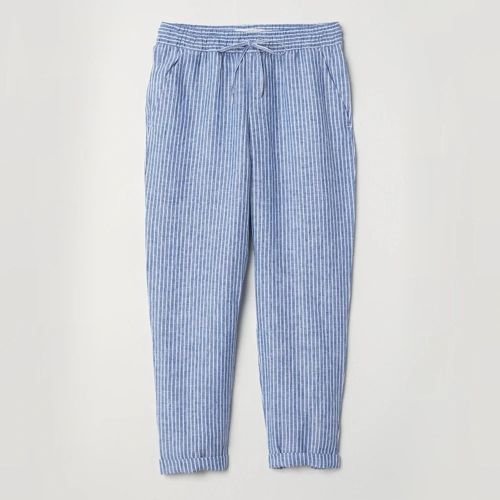 H&M Linen-Blend White & Light Blue Striped Pants size small
